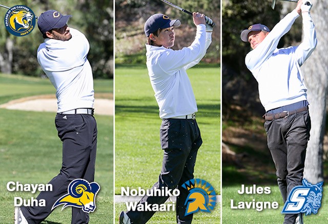 COC men's golfers Chayan Duha, Nobuhiko Wakaari and Jules Lavigne.